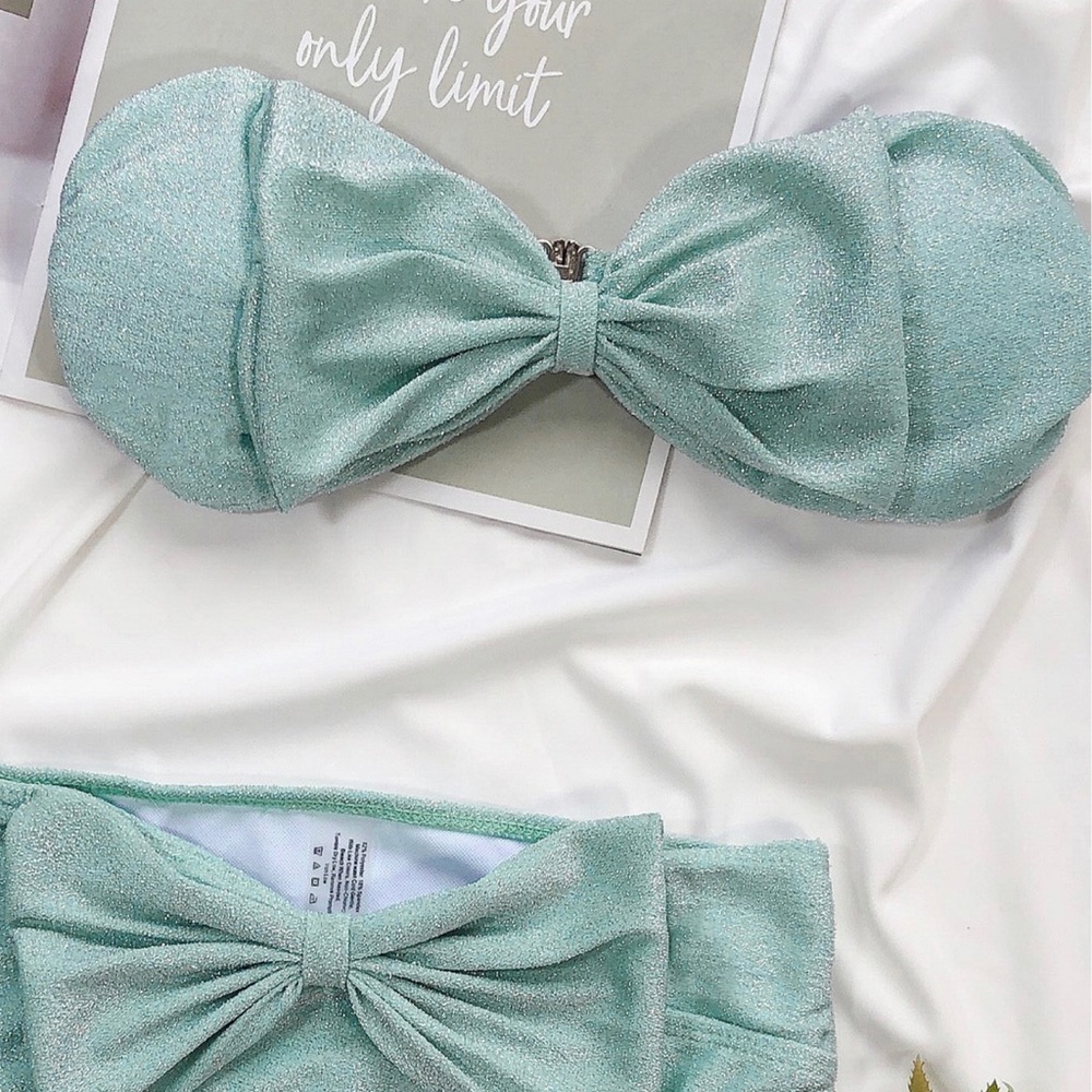 2446 icy green bow tie high waist swimsuits - Picture 3 of 5